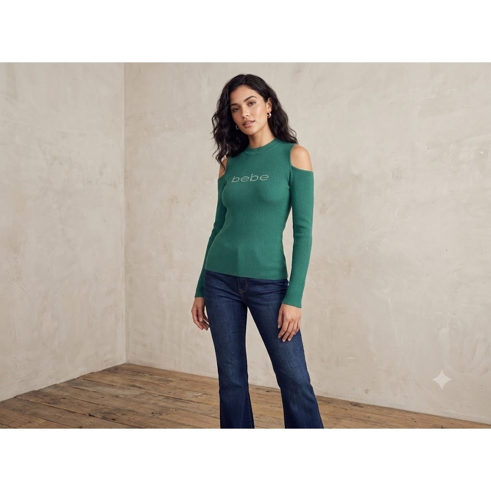 Bebe green Gorgeous Long Shirt Blouse‎ Top Cold Shoulder Small